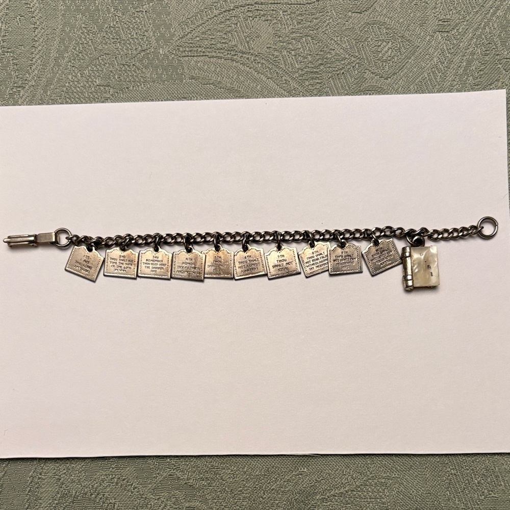 Vintage Child’s Charm Bracelet Silver & Gold-Tone Religious w/ 10 Commandments